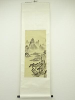 中国　水墨山水　肉筆絹本掛軸